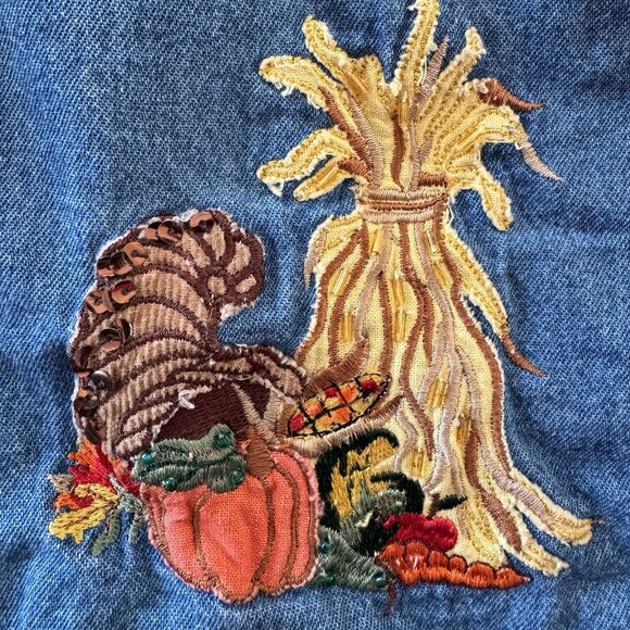 Vintage Cottagecore Fall Autumn Embroidered Patchwork Denim Jacket XL Pumpkin 90 - Picture 7 of 16